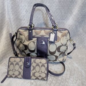 Coach Signature Canvas Bag and Wallet Set - Purple and Tan